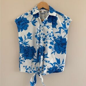 Women’s Small Coastal Chic Floral Front Tie Cottagecore Resortwear Casual Shirt